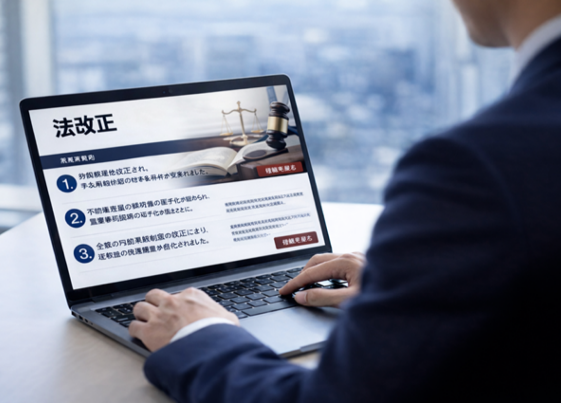 法改正についてのウェブサイトを閲覧するビジネスマン
